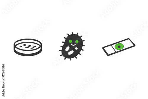 A set of three minimalist icons related to microbiology, featuring a