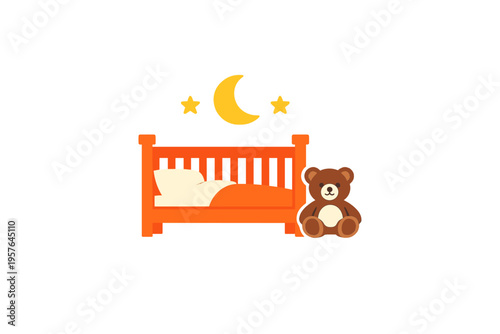 A flat illustration of an orange baby crib with a pillow and blanket