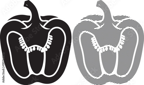 Black and white cross-section illustration of a bell pepper showcasing internal structure