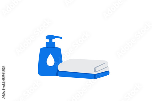 A blue pump soap dispenser sits next to a stack of one white and one