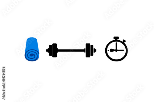 A blue rolled yoga mat, a black barbell, and a stopwatch icon are