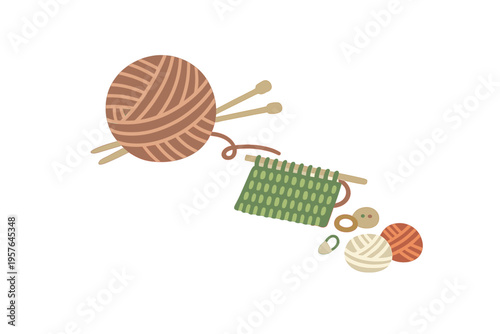 A flat vector illustration of knitting supplies including a large