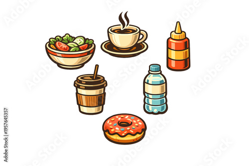 A collection of food and beverage illustrations including a salad