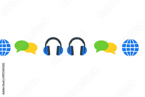 A row of flat icons featuring blue globes, green and yellow speech