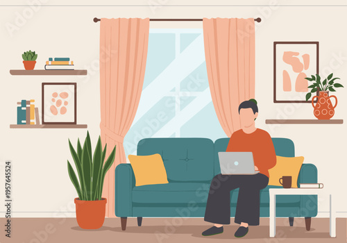 Person working remotely on laptop from a comfortable sofa at home