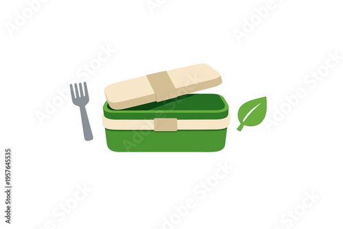 A 3D illustration of a green eco-friendly bento lunch box with an