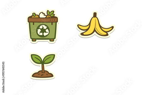 A set of three cartoon stickers featuring a green compost bin filled
