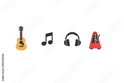 A set of four flat music icons including an acoustic guitar, a double
