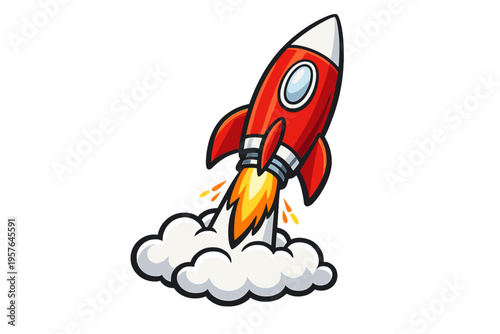A red cartoon rocket ship with orange flames and white smoke clouds