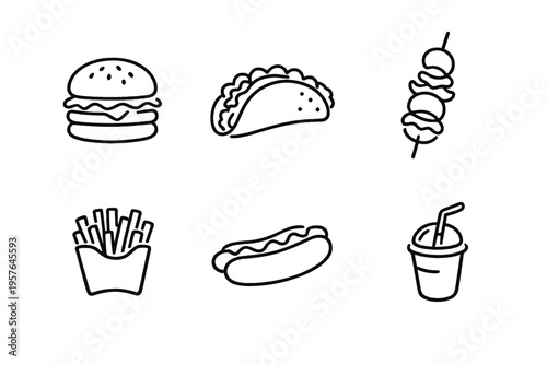 A minimalist fast food icon set featuring a hamburger, taco, meat