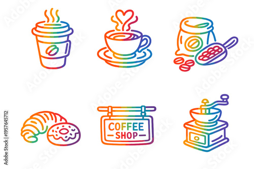 Six coffee shop icons including a takeaway cup, mug with heart steam