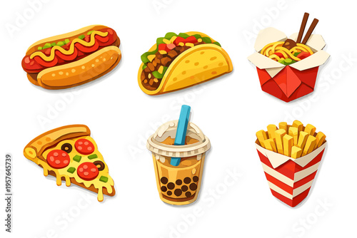 A set of six stylized fast food illustrations including a hot dog
