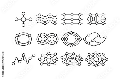 Line style vector icons of molecular structures: phase node, amplitude band, interval stripe, signal mesh, transition ring, loop
