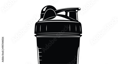 Black shaker bottle container for protein supplement powder or smoothie with flip cap lid isolated on white background for healthy nutrition and fitness concept