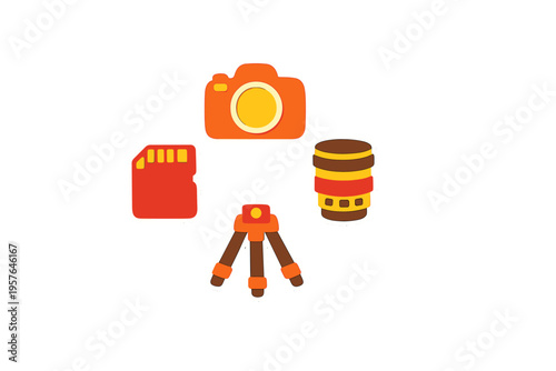 A set of stylized photography equipment icons including an orange