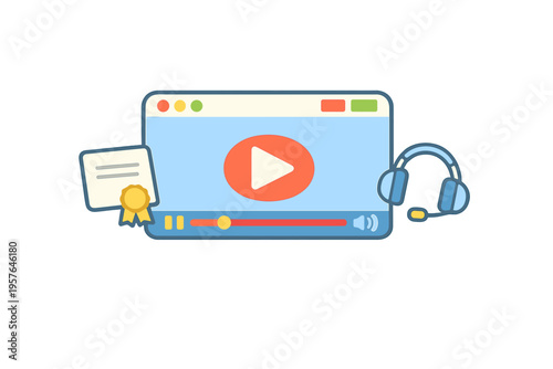 A flat vector illustration showing an online video player window with