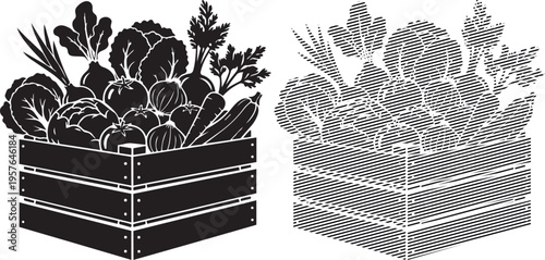 Antique illustration of two wooden crates filled with fresh vegetables and fruits