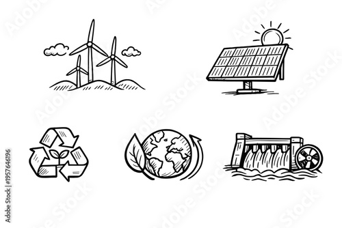 A collection of hand-drawn icons representing renewable energy and