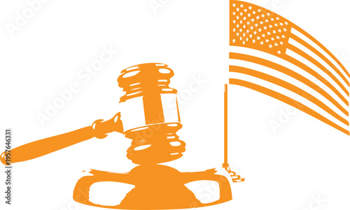 Orange judicial gavel beside simplified american flag