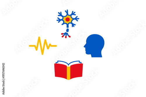 A collection of four colorful icons representing neuroscience and