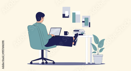 Person working on laptop at home office desk, minimalist illustration