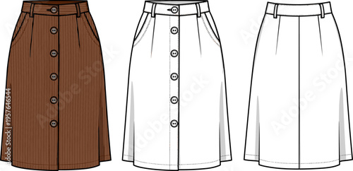 Corduroy Button-Down Midi Skirt Technical Flat Sketch Illustration Set