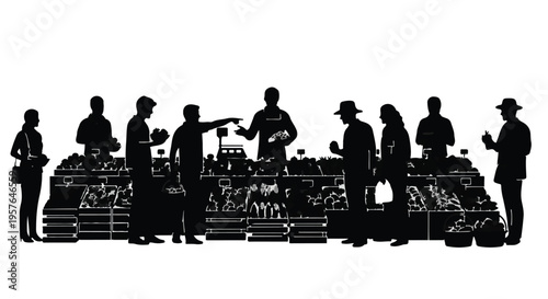 Black silhouette of people shopping at outdoor market or farmers market with vendors and customers in a lively atmosphere