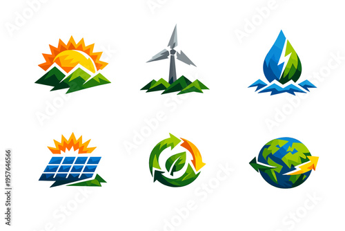 Set of six vibrant, low-poly style icons representing green energy