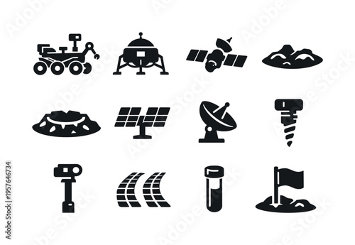 Space Exploration Icons. Solid vector icons of planet exploration: rover, lander, orbiter, planet surface, crater, solar panel,