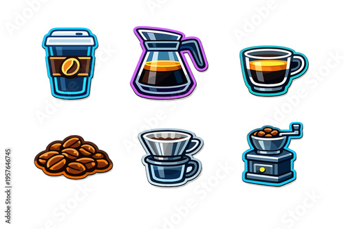 A collection of six stylized coffee-themed icons featuring a takeaway