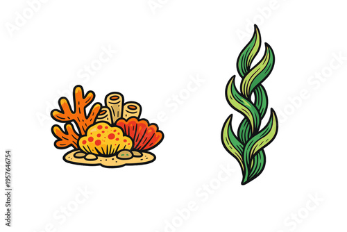 A colorful illustration featuring a cluster of coral reef elements