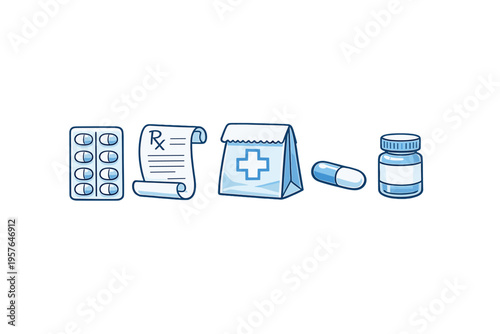 A set of blue and white medical icons featuring a blister pack of