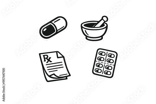 A set of four black and white pharmacy icons featuring a capsule
