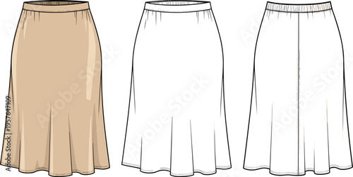 Flat Illustration of Women's Midi A-Line Skirt Technical Sketch, Front and Back View