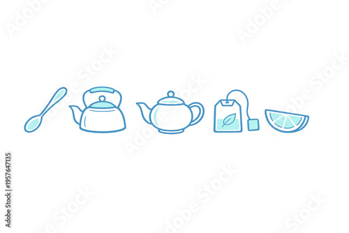 A set of minimalist tea time icons including a spoon, a kettle, a
