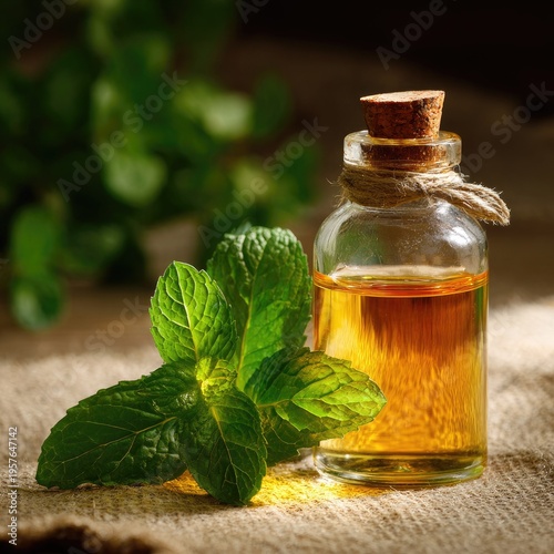 Essential oil bottle with fresh mint leaves for natural wellness