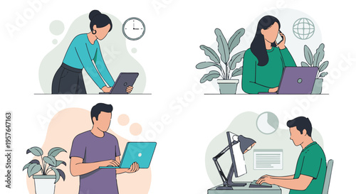 Modern illustrations of people working with technology in business and remote settings