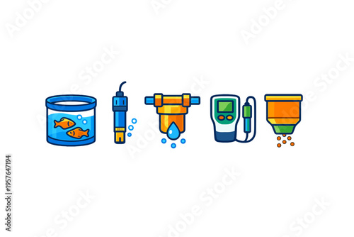 A set of colorful flat icons for aquarium maintenance including a
