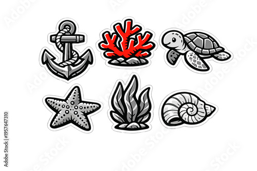 Six nautical stickers including an anchor, red coral, sea turtle