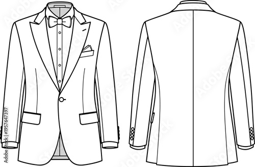 Formal Men's Tuxedo Suit Jacket Technical Fashion Sketch, Flat Vector Illustration Isolated
