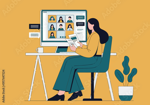 Woman on a video conference call, telecommuting from home office