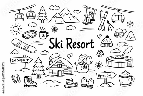 Ski resort doodle illustration in black and white hand drawn outline style