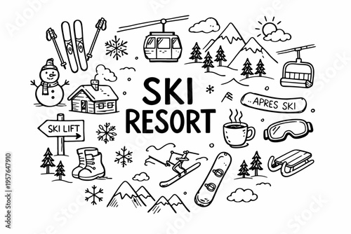 Ski resort doodle illustration in black and white hand drawn outline style
