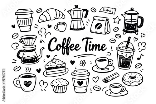 Coffee time doodle illustration in black and white hand drawn outline style with coffee beans, cup, moka pot and cafe elements