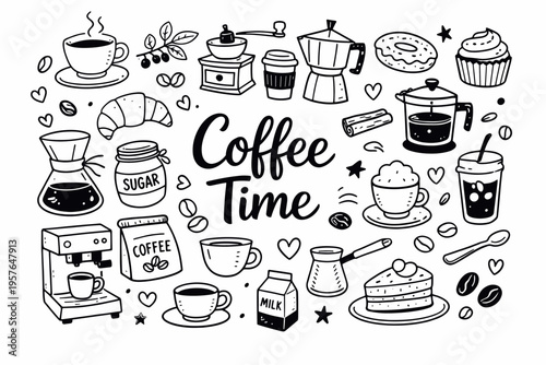 Coffee time doodle illustration in black and white hand drawn outline style with coffee beans, cup, moka pot and cafe elements