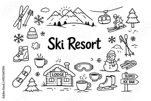 Ski resort doodle illustration in black and white hand drawn outline style