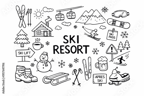 Ski resort doodle illustration in black and white hand drawn outline style
