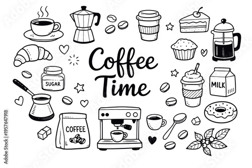 Coffee time doodle illustration in black and white hand drawn outline style with coffee beans, cup, moka pot and cafe elements
