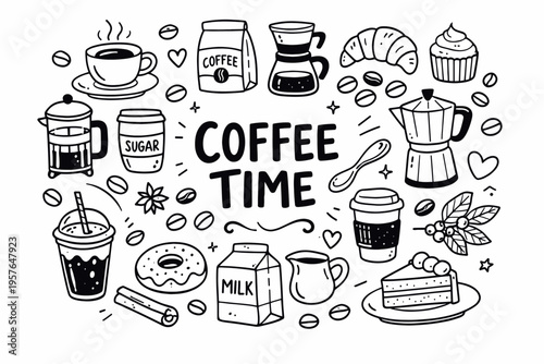 Coffee time doodle illustration in black and white hand drawn outline style with coffee beans, cup, moka pot and cafe elements