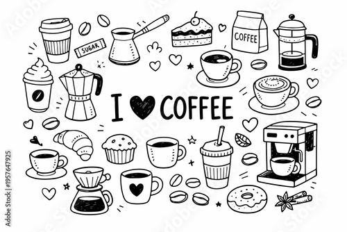 Coffee time doodle illustration in black and white hand drawn outline style with coffee beans, cup, moka pot and cafe elements